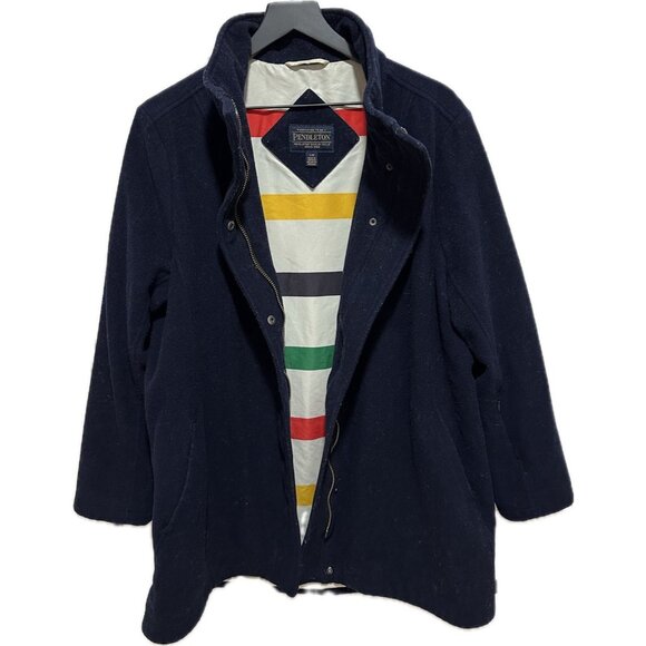 Pendleton Campbell Wool Coat Women's L Navy Blue Hudson Bay Stripe Jacket - Picture 1 of 11